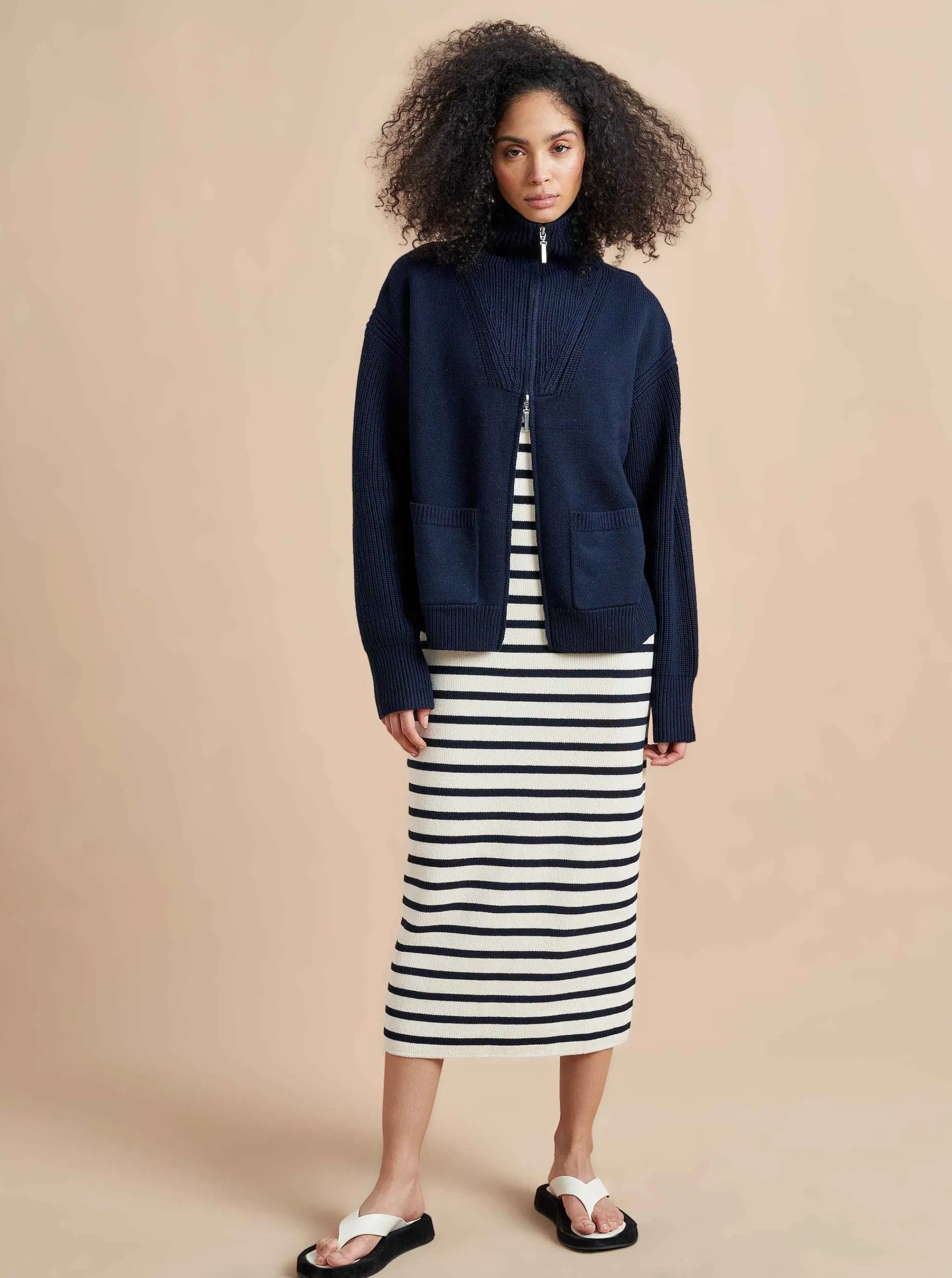 La Ligne Sweaters*Bastien Full Zip Sweater Navy