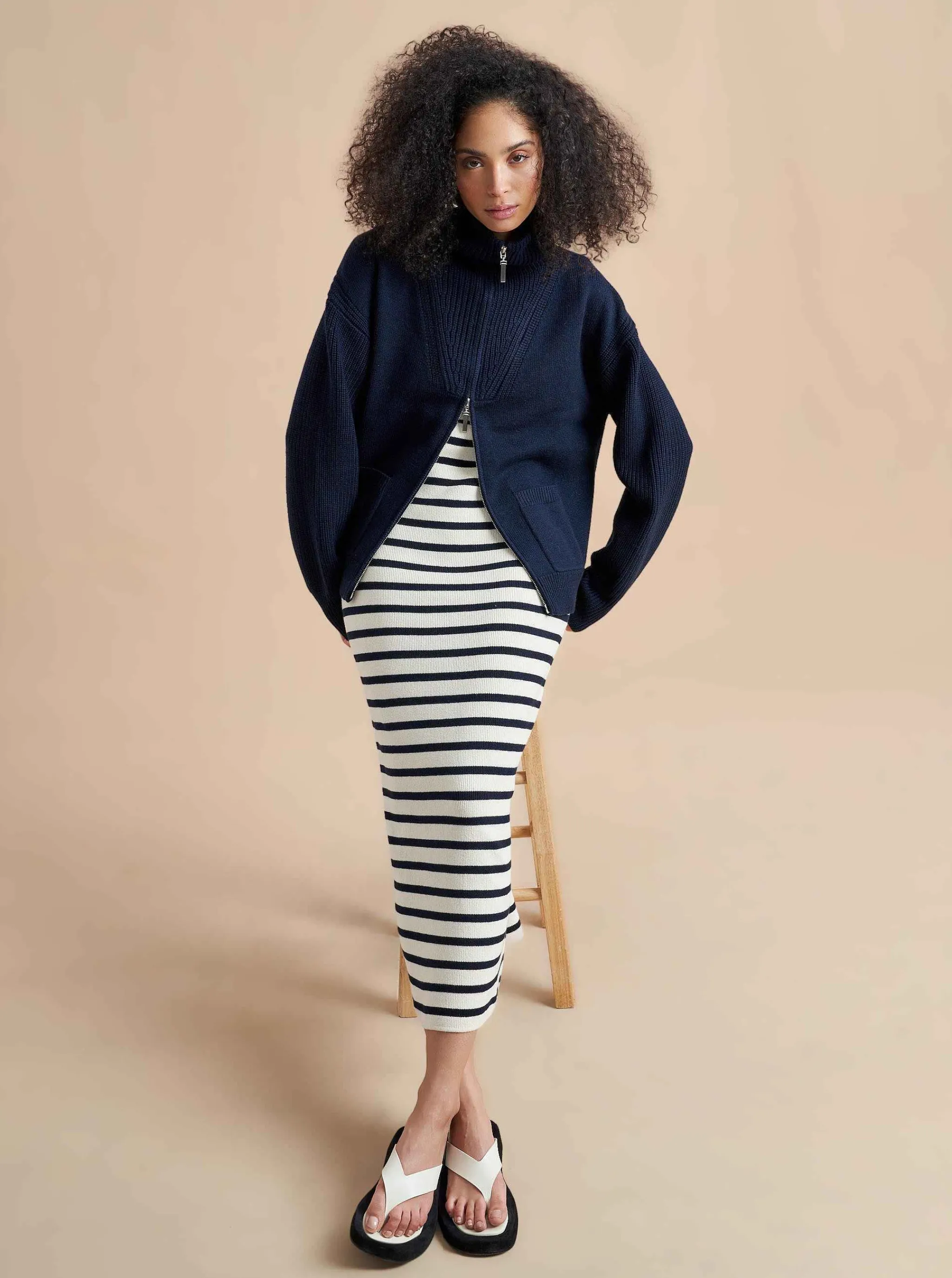 La Ligne Sweaters*Bastien Full Zip Sweater Navy