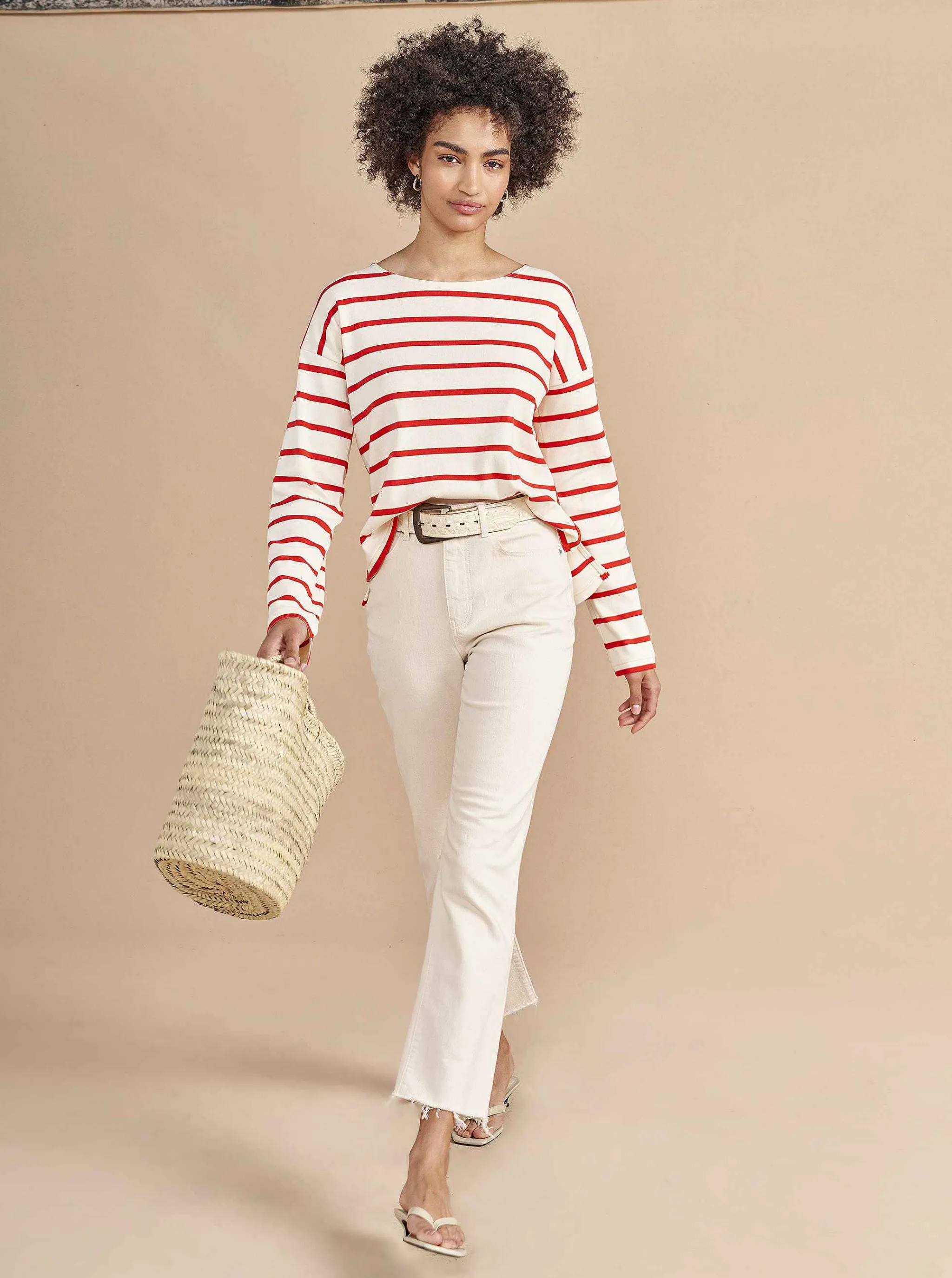 La Ligne Tops*Breton Long Sleeve Tee Cream/Poppy