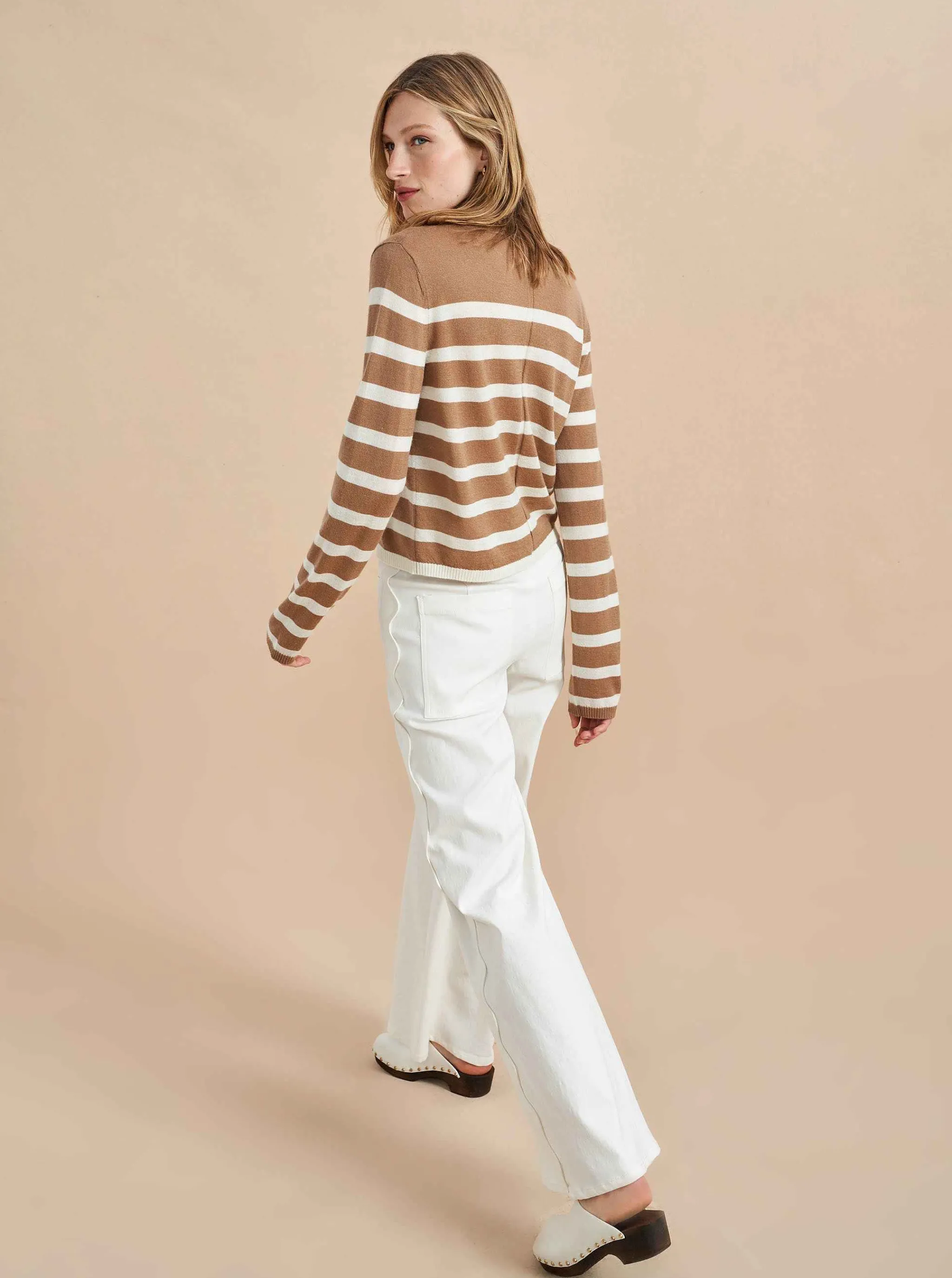 La Ligne Cardigans*Striped Featherweight Cardigan Tan/Cream